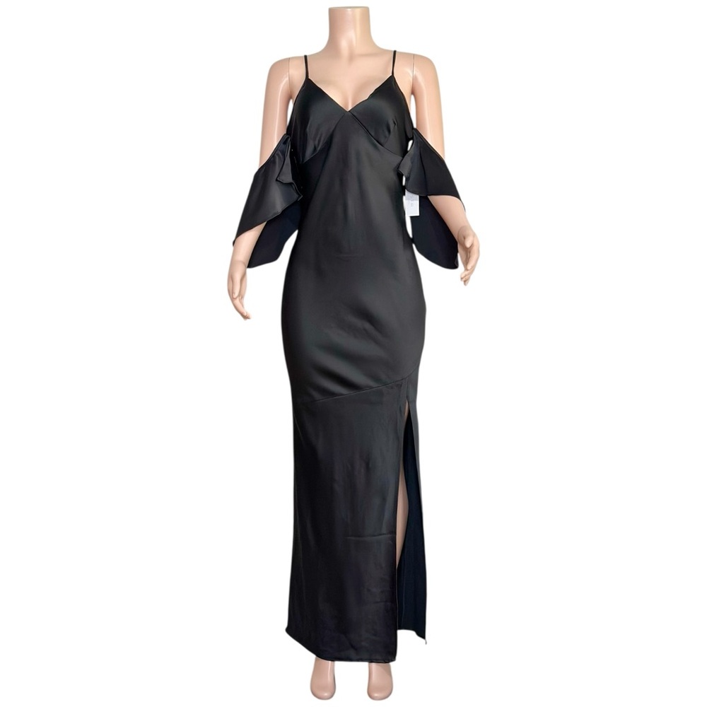ASTR THE LABEL Kendra Cold Shoulder Satin Maxi Dress, Black, Medium - Picture 7 of 13